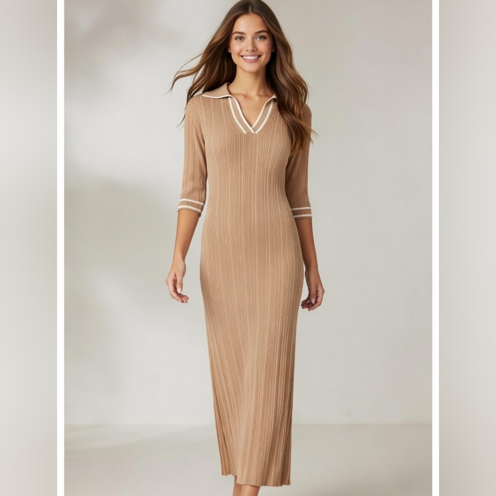 Ribbed Knit Polo Collar Stretch Midi Maxi Dress Quiet Luxury Old Money